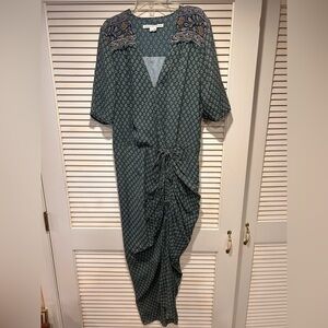 Veronica Beard Elegant Green Patterned Short Sleeve Maxi Dress 100% Silk Size 12